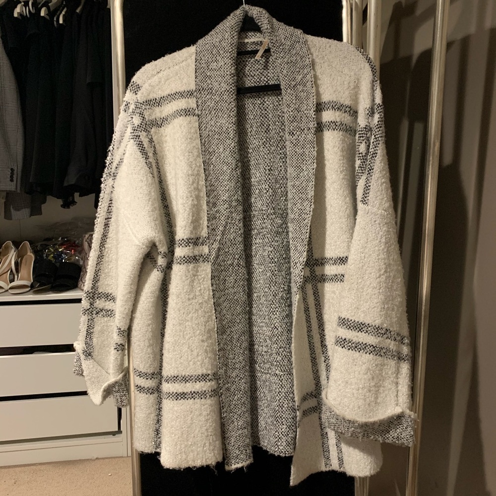 Cozy Open-Front Shawl Collar Cardigan Sweater - Cream & Gray